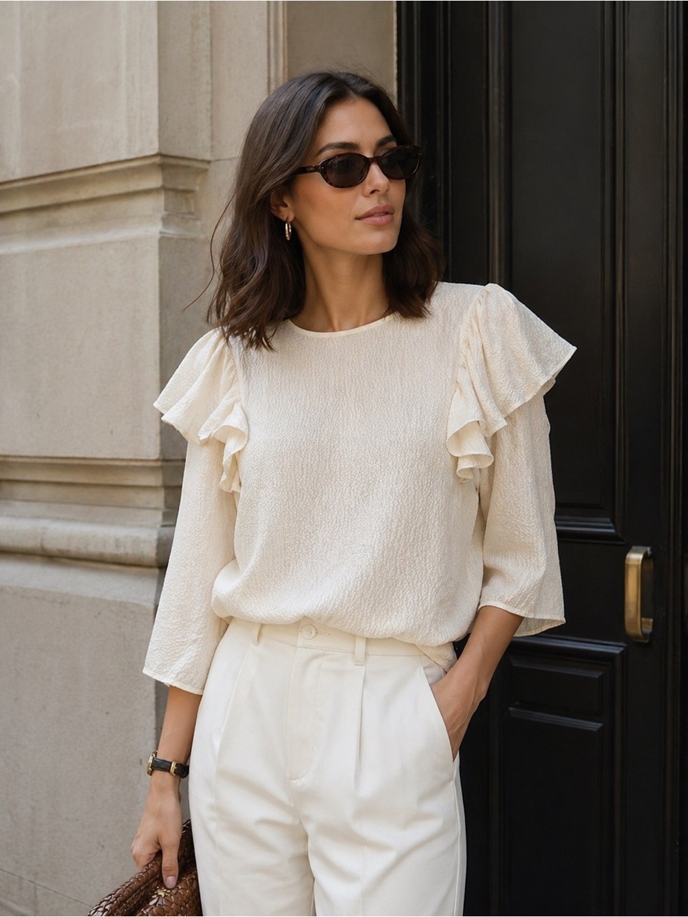 Rebecca Taylor 100% Silk Ruffle Blouse Cream Textured Flutter Sleeve Top Size